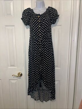 Black & White Polka Dot High-Low Dress with Puff Sleeves